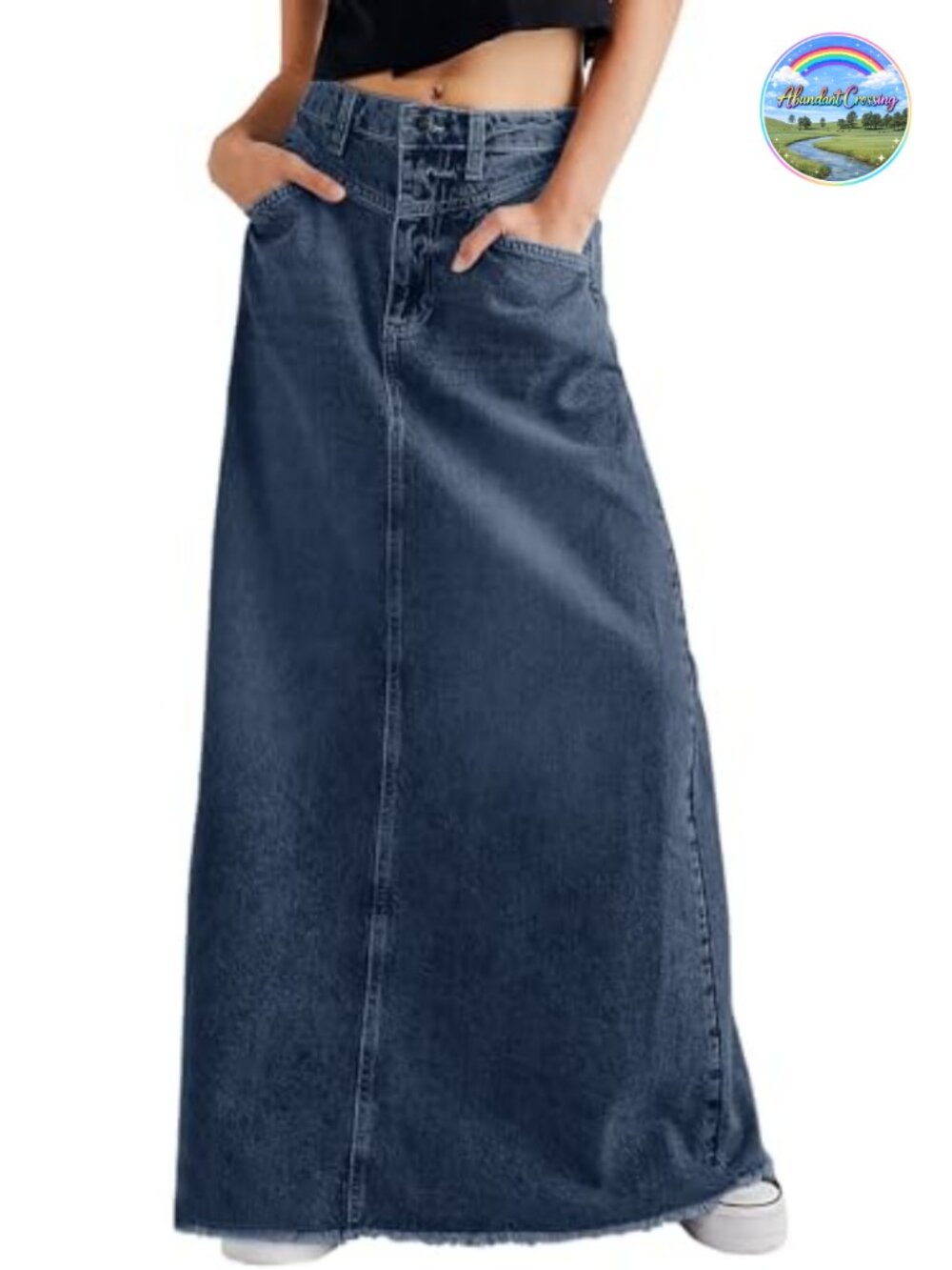 Vintage Denim Maxi Skirt Frayed Raw Hem High Waist A-Line Long Jean Skirt
